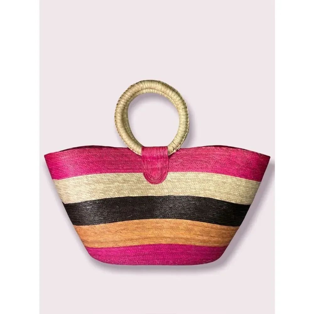 Striped Pink Straw Tote Bag with Woven Ring Handle Large